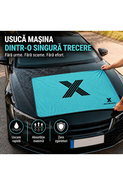 microXtreme Prosop Uscare Auto Profesional, 90 × 70 cm, X-DRY Edition, Microfibră Twisted Loop Premium, Super absorbant, Fără urme si scame, Turcoaz