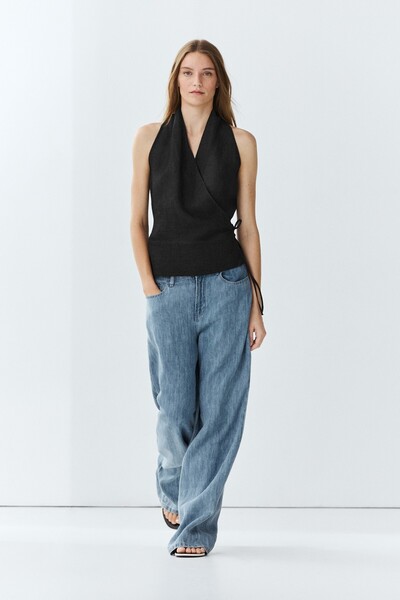 Massimo Dutti %100 keten kruvaze halter yaka top
