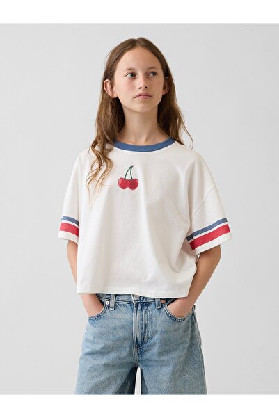 GAP Kız Çocuk Beyaz Oversized Grafik Baskılı T-Shirt
