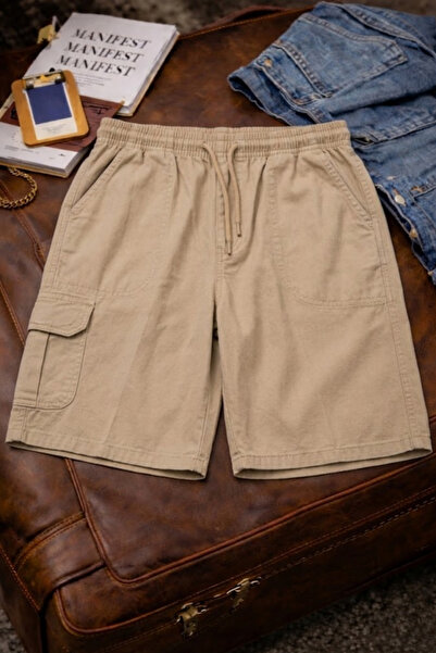 DAMGA JEANS Men's Stylish Trendy Beige Linen Shorts with Loose Cargo Pockets