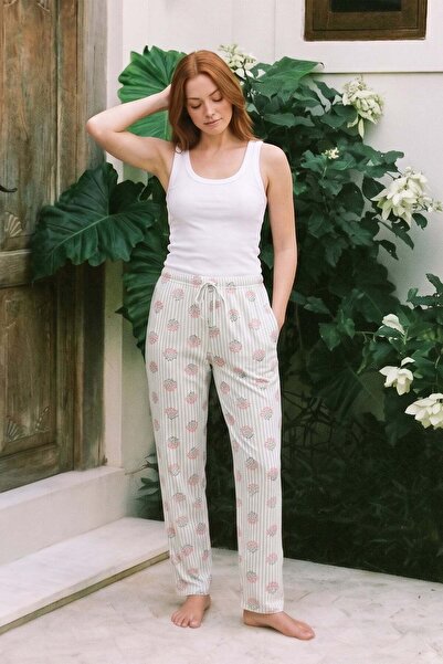 Fulla Moda Çiçekli Çizgili Beli Lastikli Pijama Altı
