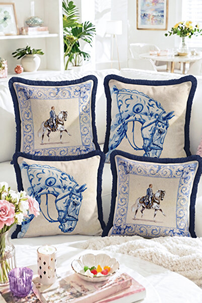 Realhomes 4-Piece Fringed Throw Pillow Cover Set with Horse Rider and Blue Ho...