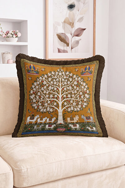 Realhomes Tree of Life, Floral and Bird Pattern, Cow Figure Brown Fringed Thr...