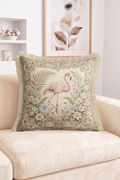 Realhomes Beige Fringed Throw Pillow Cover with Flamingo Bird Figure and Flor...