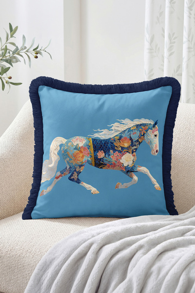 Realhomes Blue Fringed Throw Pillow Cover with Floral Pattern and Running Hor...