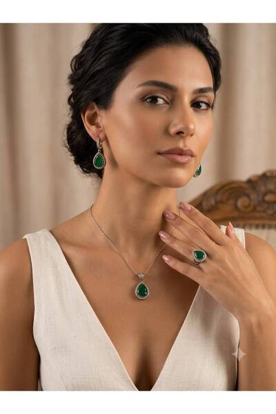 keskin silver 💚 Yeşil Damla Taşlı 925 Ayar Gümüş Takı Seti