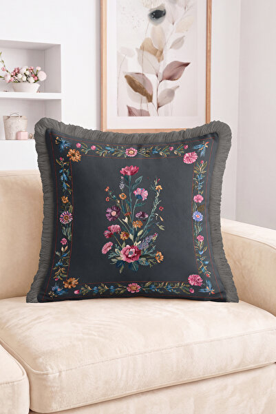 Realhomes Floral Bouquet and Frame Patterned Fringed Throw Pillow Cover on Da...