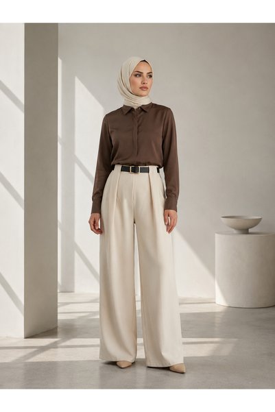 Lunsera Store بنطلون أطلس بتفاصيل حزام مطوي - حجري