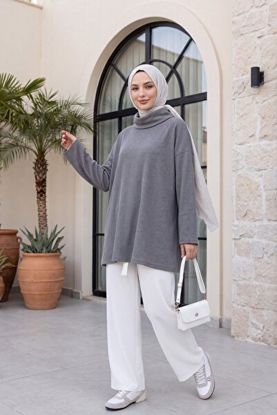 Modamorfo Turtleneck Slit Ribbed Knit Tunic -Gray