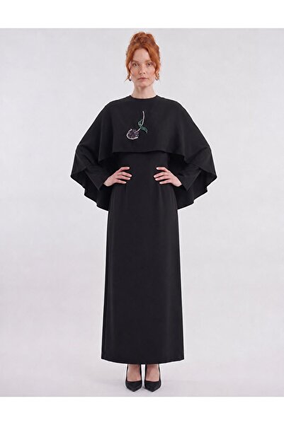 Kayra Lined Satin Dress with a Mobile Cape and Stone Embellishments
