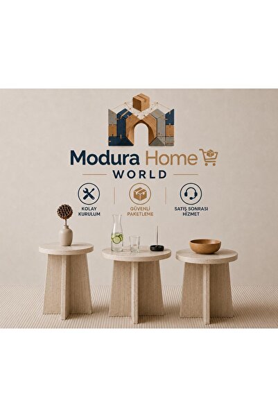 Genel Markalar 3 lü Zigon Sehpa Mantar Sehpa Orta Yan Sehpa Traverten Desen Suntalam MODURA HOME