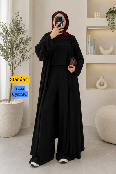 Balenbi Kadın Penye Uzun Hırka Bluz Geniş Paça Pantolon Abaya Takım Siyah 1217