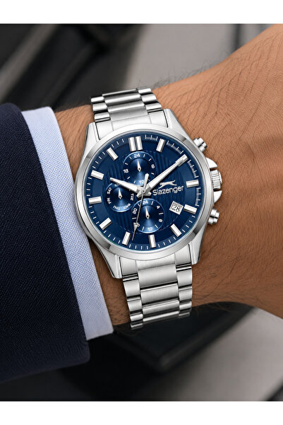 Slazenger Erkek Kol Saati Gümüş Çelik Kordon Lacivert Kadran 43MM Quartz Meka...