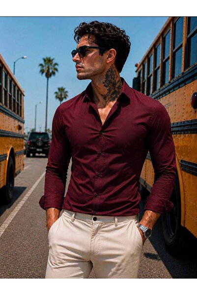 sepetx Erkek Premium Pamuk Saten Slim Fit Bordo Gömlek | Modern ve Şık Tasarım