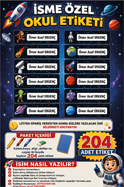 Ayza Tasarım İsme Özel Su Geçirmez Uzay Temalı Okul Etiketi Sticker Kişiye Öz...