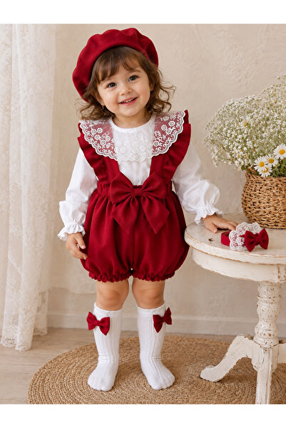 BİYA BABY Girl's Baby Strap Red Shorts Shirt Hat Bandana Socks Set