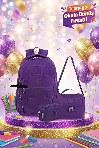 Çanta Trend 3-Piece Luxury Crinkle Fabric High School and Middle School Backp...