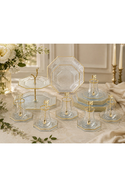 Barok Gold Cam pasta çay seti