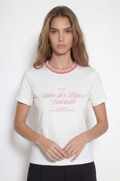 yakası dantel detaylı baskılı tshirt