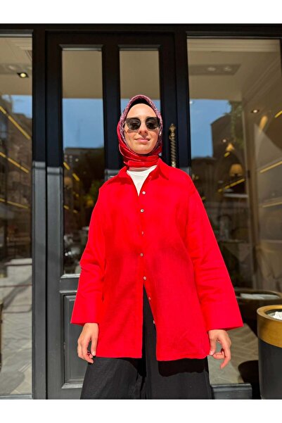 QOOQ STORE 25SS212 Keten Basic Kadın Gömlek Kırmızı