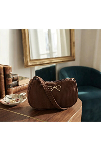 ÇANTA Vip Brown Color Butterfly Buckle Corduroy Textured Shoulder Bag