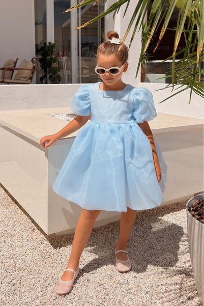 penu baby kids Blue Square Collar Balloon Sleeve Caroline Fabric Bow Detailed Lined Girls' Baby Girl Dress