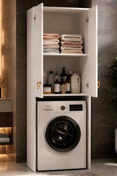 LOVİSSE HOME 2 Kapaklı 2 Raflı Çamaşır Makinesi Dolabı Beyaz Çok Amaçlı Banyo...