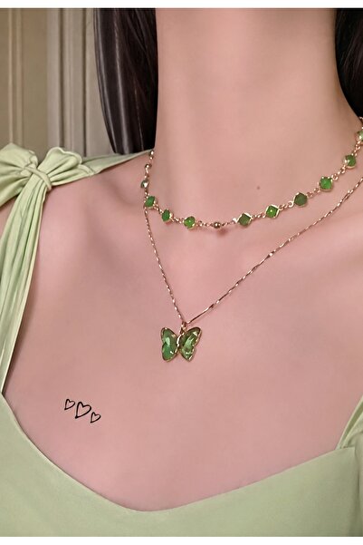 KİRAZ ÇİÇEĞİ JEWELRY Kore tarzı 2li IŞIL IŞIL KELEBEKLİ KOLYE