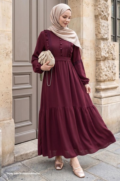 InStyle Dantel Detaylı Kuşaklı Bordo Elbise
