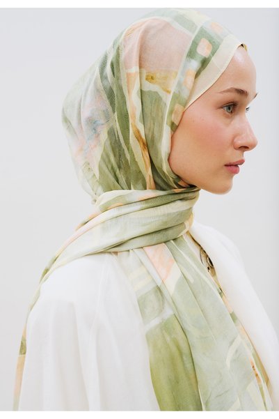 Freshscarfs Model cu blocuri abstracte, șal din viscoză ramie, verde