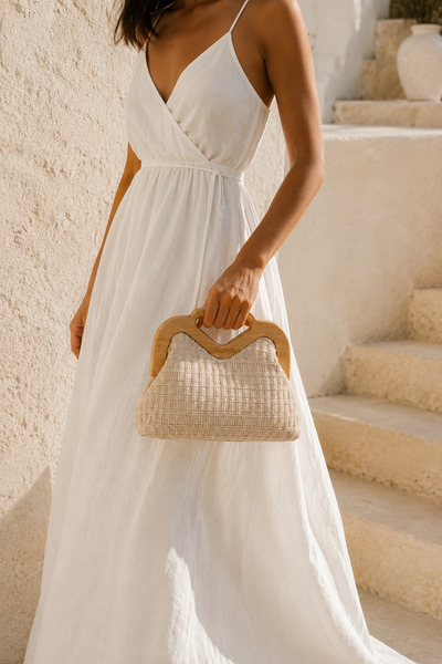 Nua Bags Hasır Görünümlü Ahşap Çerçeveli Bej Clutch Çanta
