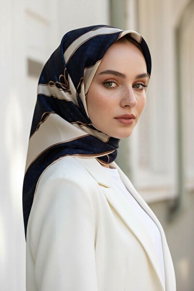 Vissona وشاح حريري 100% بنقشة منقطة ونقوش هندسية باللون الأزرق الداكن - اللون...