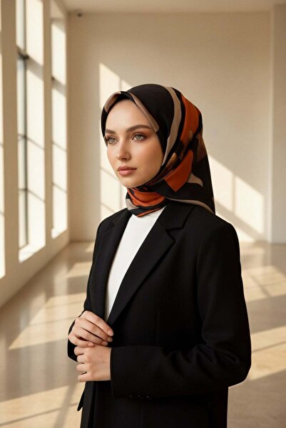 Vissona %100 Twill İpek Karo Desenli Bej - Taba Renkli 90x90 Eşarp Dikim Şekl...