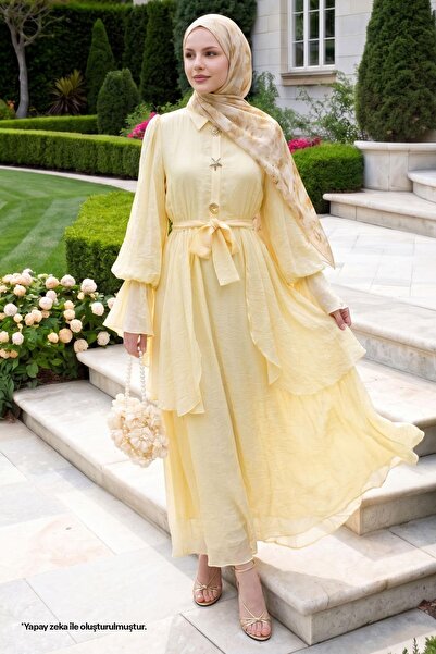 InStyle Rochie galben deschis cu mâneci cu volane și cataramă aurie