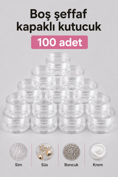RNK BEAUTY Plastik Boş Sim Süs Boncuk Krem Kutusu - Kapaklı 100 Adet 5GR