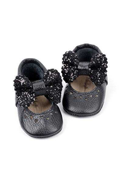 Le Mabelle Black Sequined Bow Leather Baby Girl Moccasin