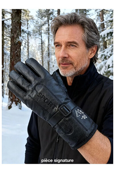 Kardelen Butik Denizli Men's Inflatable Faux Leather Biker Gloves with Fur In...
