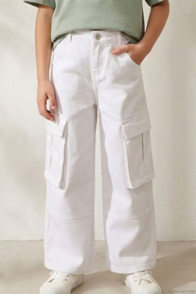 Escabel Girl's Gabardine Trousers with Cargo Pocket Detail, Ages 5-9, White