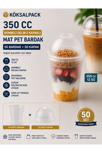 Köksal Pack KÖKSALPACK 350 CC PET Şeffaf Bardak Bombeli Delikli Kapaklı 50 Ad...