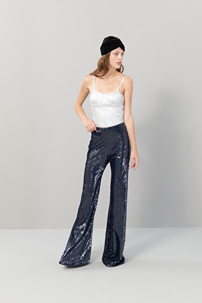 Roman Payetli Geniş Paça Pantolon Lacivert K2512064_015