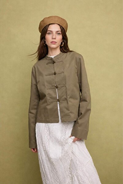 DeFacto 100% Cotton Regular Fit Crew Neck Buttoned Light Khaki Napoleon Jacke...