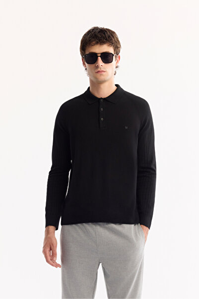 Avva Men's Black Polo Neck Buttoned Soft Touch Textured Knitwear Regular Fit ...