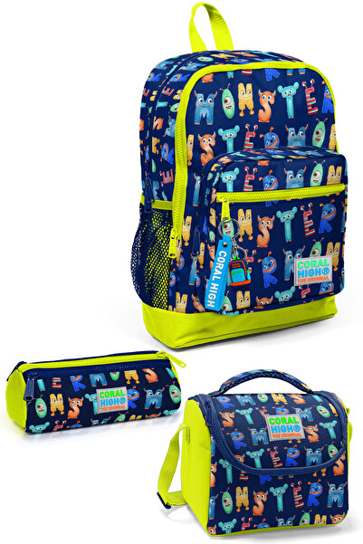 Coral High Kids Navy Blue Neon Yellow Monster Patterned 3-Piece School Bag Se...