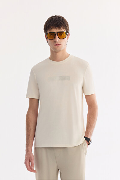 Avva Men's Ecru Crew Neck Injection Printed Cupra Single Jersey T-Shirt A61Y1139