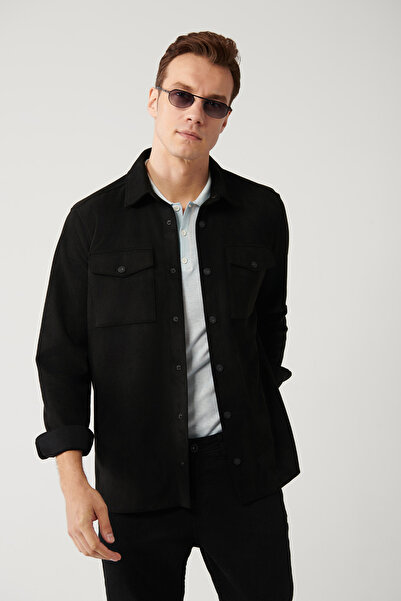 Avva Men's Black Suede Textured Seasonal Comfort Fit Coat with Snap Fasteners...