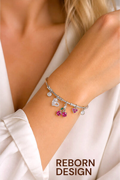 REBORN DESIGN Brass Silver Color Red Zircon Stone Cherry Heart Figure Charm W...
