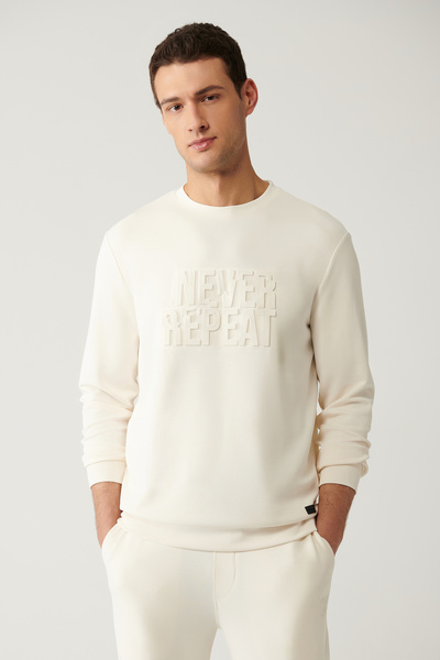 Avva Men's Ecru Crew Neck Soft Touch Ribbed Regular Fit Sweatshirt A41Y1235