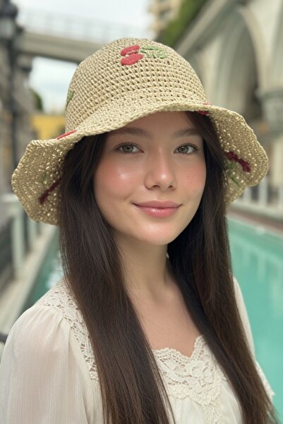 Mollycrush Women's Beige Straw Rope Cherry D Patterned Bucket Hat |   Summer ...