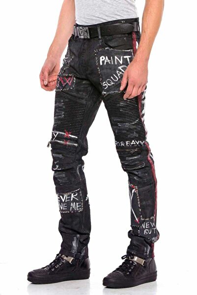 Generic Brand Men's Black Striped Painted Metal Drop Regular Jeans