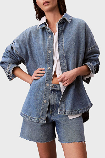 Calvin Klein Denim Boyfriend Shirt Overnight Kadın Kot Gömlek Mavi